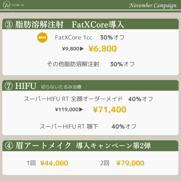 11月キャンペーン②（脂肪溶解注射/HIFU/アートメイク）